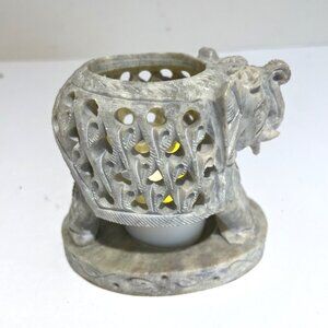 Carved Filigree Soapstone Elephant Figurine Candle Holder Votive Tealight India